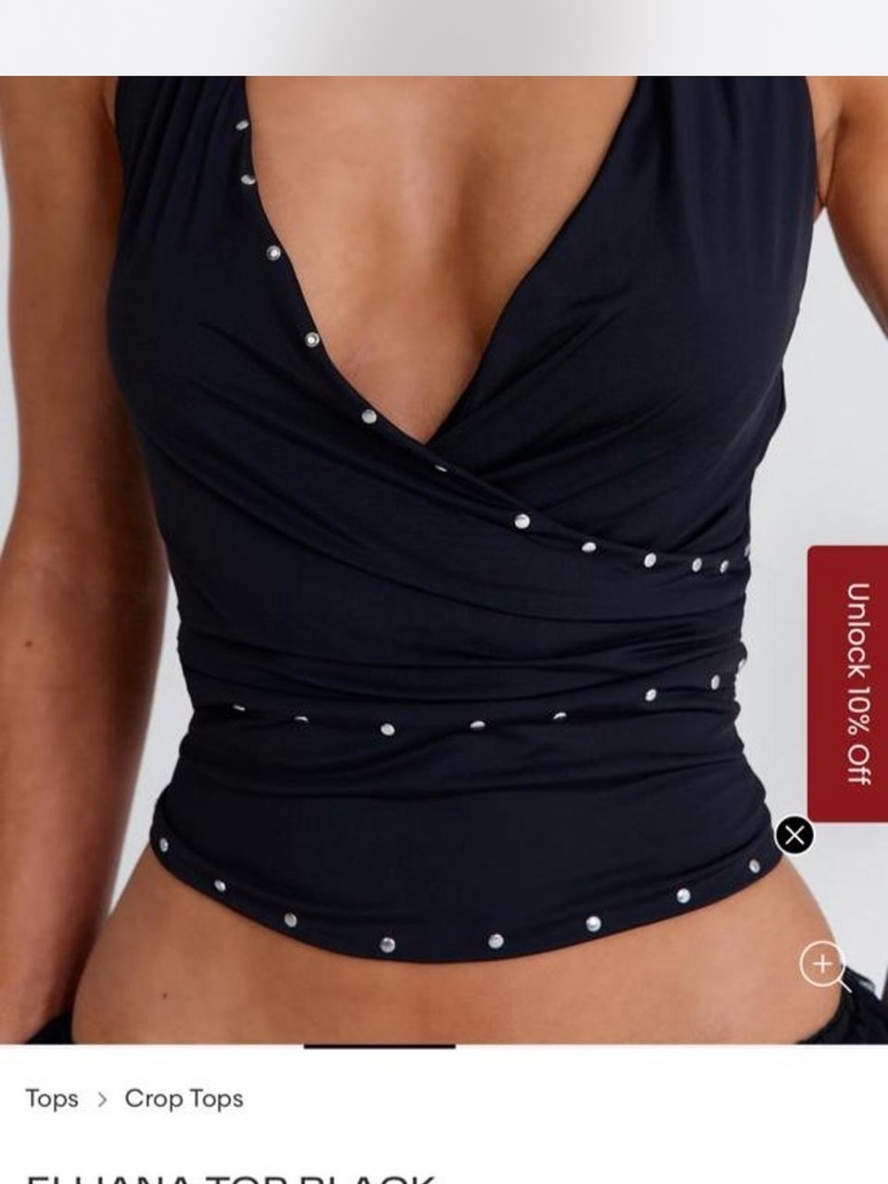 Black Stud-Trimmed Ruched V-Neck Crop Top